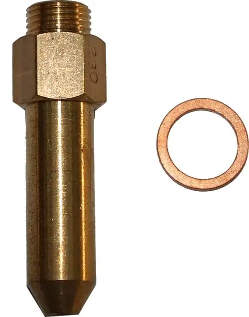 Brass element with a threaded end and flat sealing washer nearby, used for gas connections. Suitable for Wolf systems and installation.